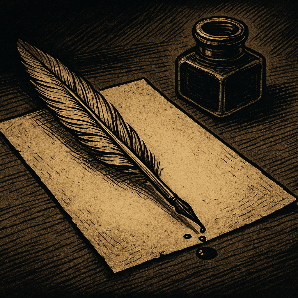 A quill and inkpot on a sheet of paper